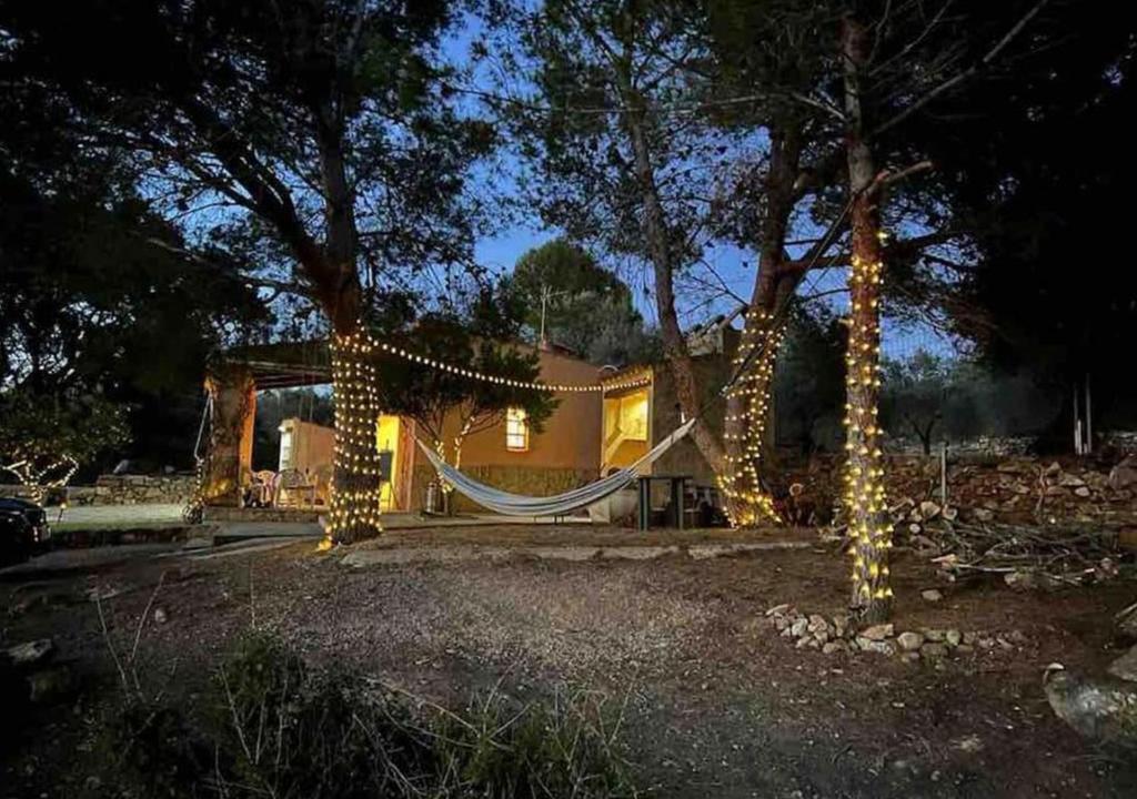 a house decorated with lights and a hammock in a yard at Unique Stay - Tiny Eco Country Cottage in Cabanes