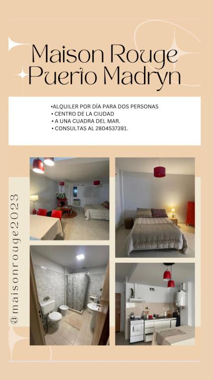 a collage of four pictures of a bedroom at Maison Rouge Puerto Madryn in Puerto Madryn