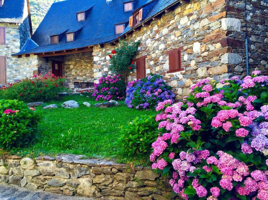 a stone house with flowers in front of it at Casa TOP para 14 personas en Garós, Ideal esquí in Garós