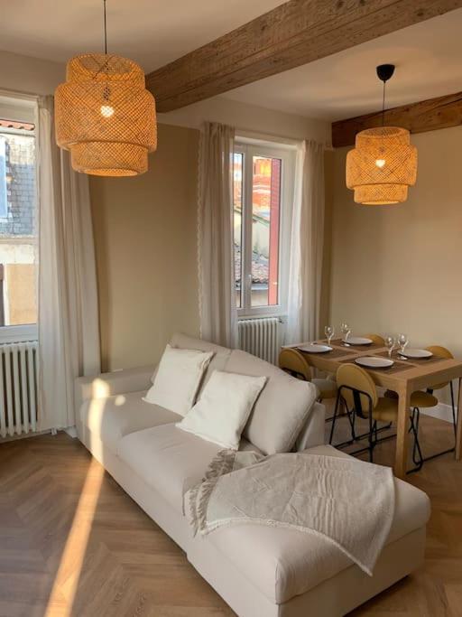 un salon avec un canapé blanc et une table dans l'établissement Appartement centre ville historique - Le Modène, à Vienne