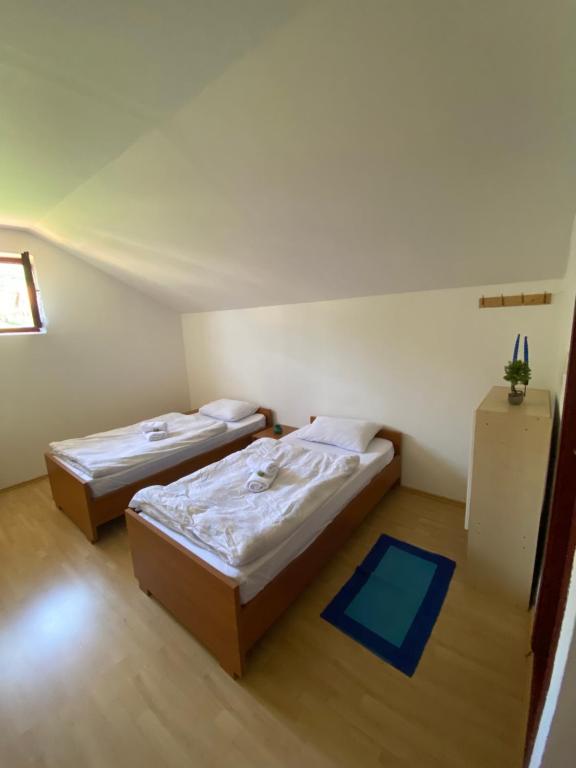 2 Betten in einem kleinen Zimmer mit blauem Teppich in der Unterkunft Ličke noći in Donji Lapac