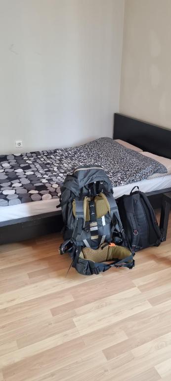 Apartment free WiFi في Breitenau am Hochlantsch: حقيبة ظهر جالسة على الأرض بجوار سرير