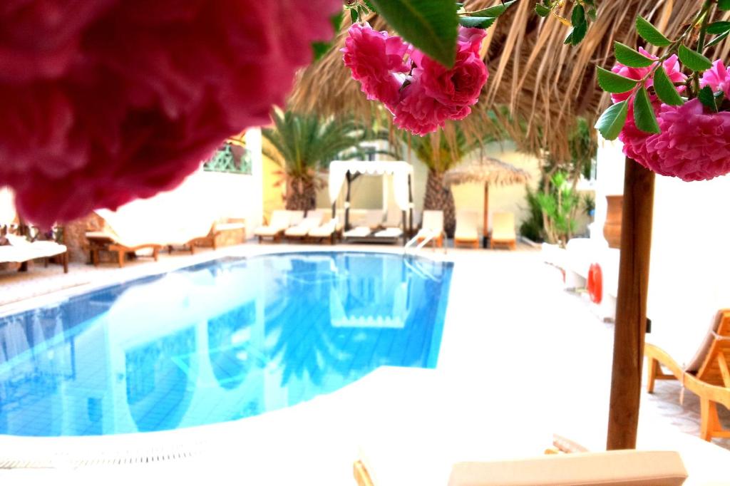 a swimming pool with purple flowers in a resort at Hotel Zeus in Kamari