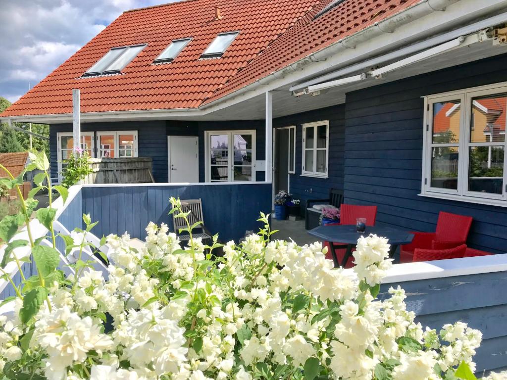 Rørvig Bed & Kitchen في Rørvig: البيت الأزرق مع الكراسي الحمراء والزهور البيضاء