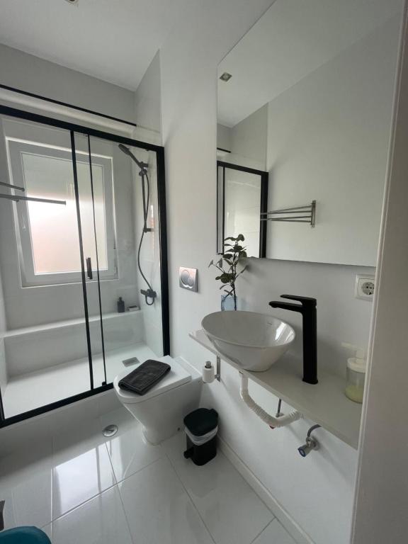 a white bathroom with a sink and a toilet at Penha Cozy Home in Lisbon