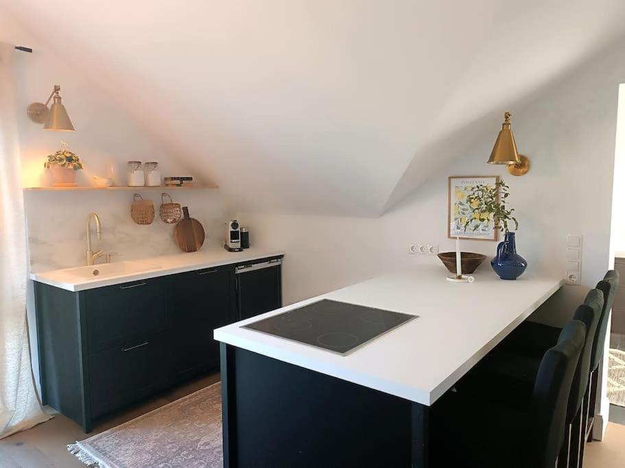 a kitchen with a white counter and a sink at Gemütliches Appartement im Kottenforst Nähe Bonn in Meckenheim