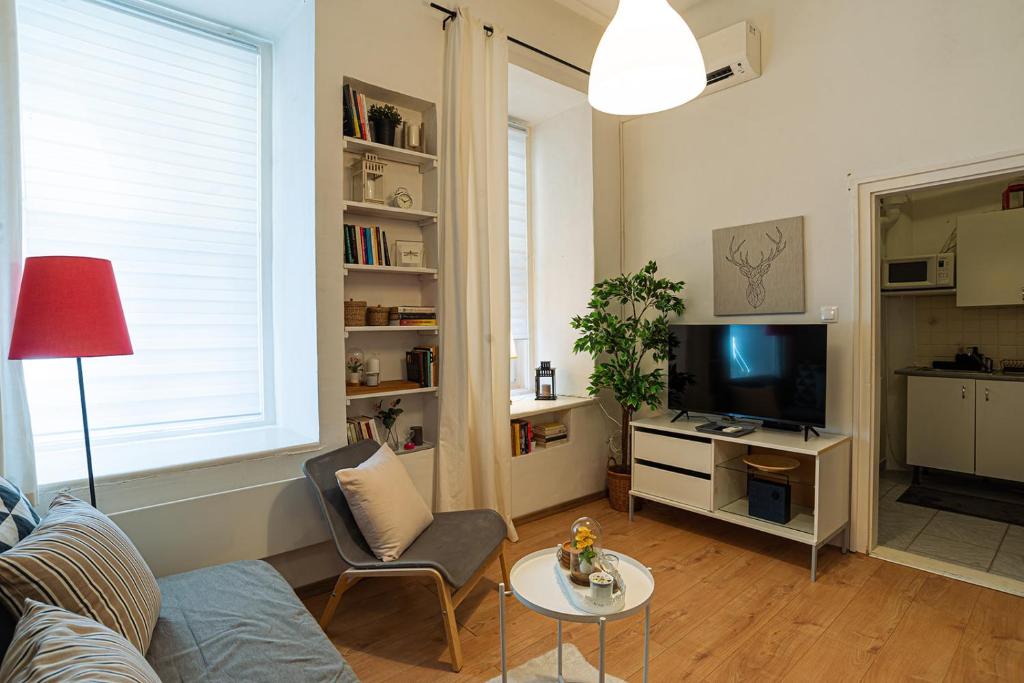 Magica - Cosy Apartment in the heart of Budapest في بودابست: غرفة معيشة مع أريكة وتلفزيون