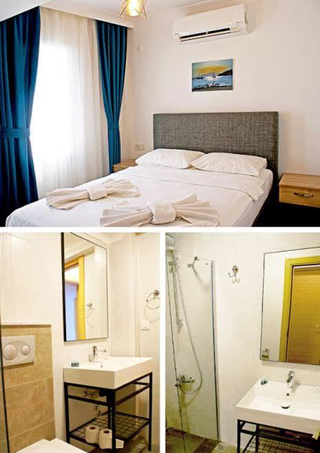 two pictures of a bedroom with a bed and a bathroom at Flora apart in Antalya