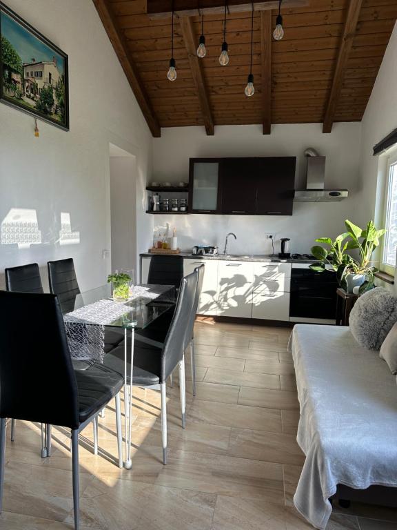 cocina y sala de estar con mesa y sillas en Quiet countryside apartments near the city and the sea, en Koper