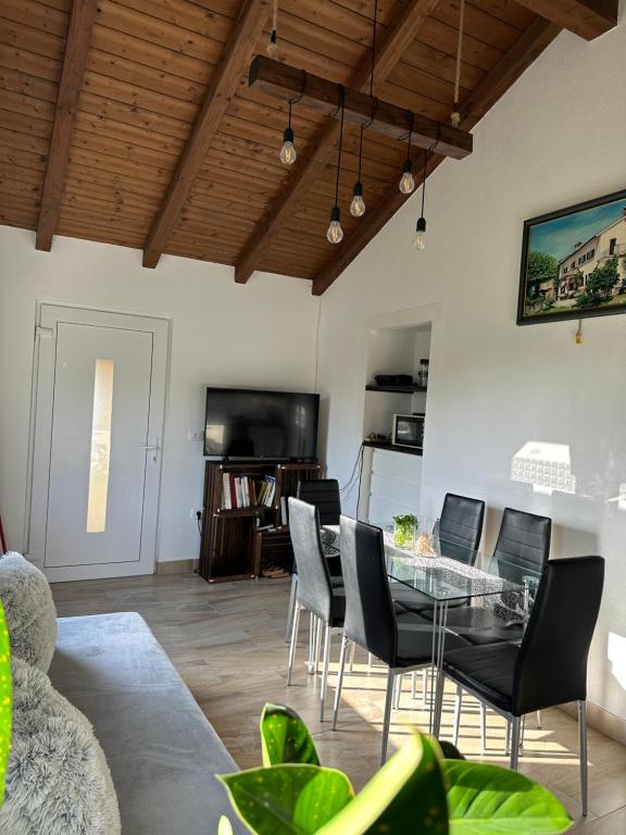 un soggiorno con tavolo e sedie in vetro di Quiet countryside apartments near the city and the sea a Capodistria