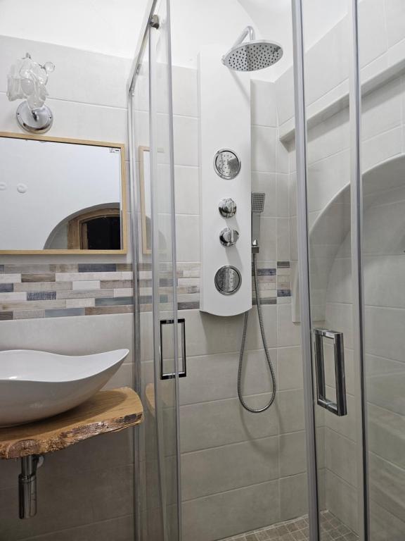 La salle de bains est pourvue d'une douche et d'un lavabo. dans l'établissement TRULLO AURORA BOREALE, à Alberobello