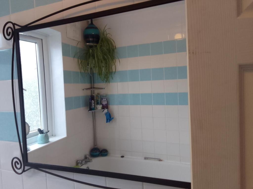 a mirror in a bathroom with a bath tub at Bexley Rooms in Streatham