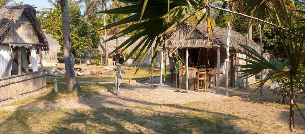 ein Haus mit einem Strohdach und einer Palme in der Unterkunft Povoado Bitonga in Inhambane