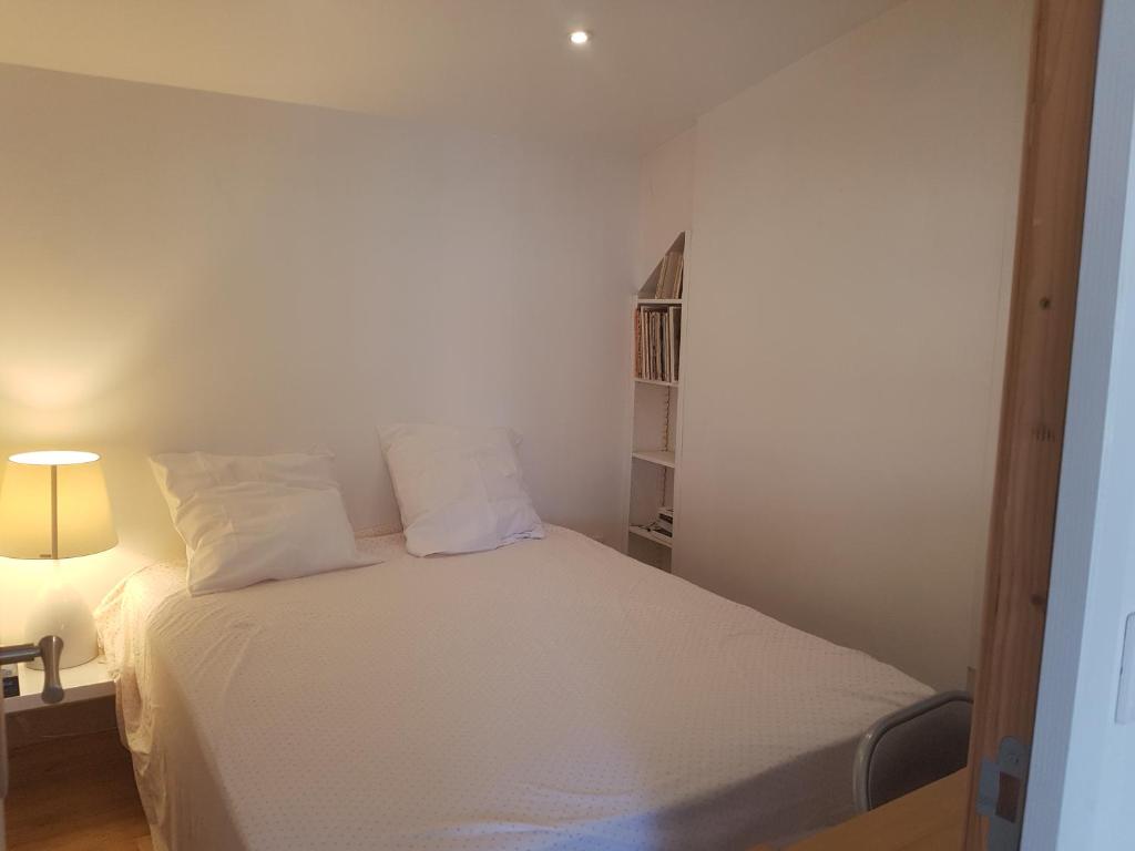 a bedroom with a white bed and a book shelf at Au coeur de LYON in Lyon