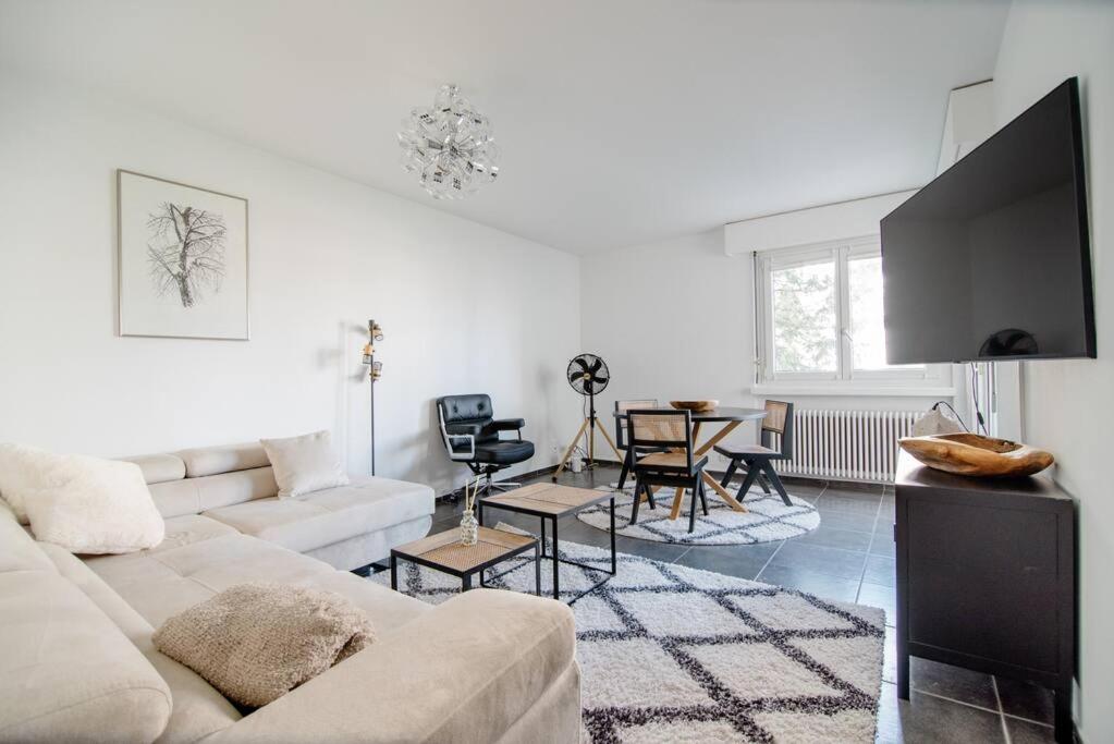 a living room with a couch and a table at Lugano Ferienwohnung nähe vom See mit Swimmingpool & Sauna in Paradiso