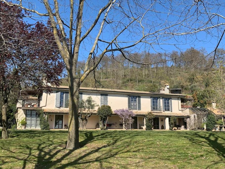 uma grande casa branca com uma árvore no quintal em Lake Bracciano scenic view & Rome 35 minutes away em Trevignano Romano