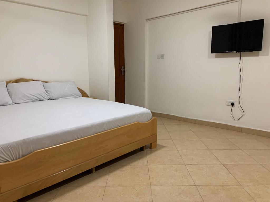 1 dormitorio con 1 cama y TV de pantalla plana en One Bedroom Cozy Apartment- KNUST & free Parking, en Kumasi