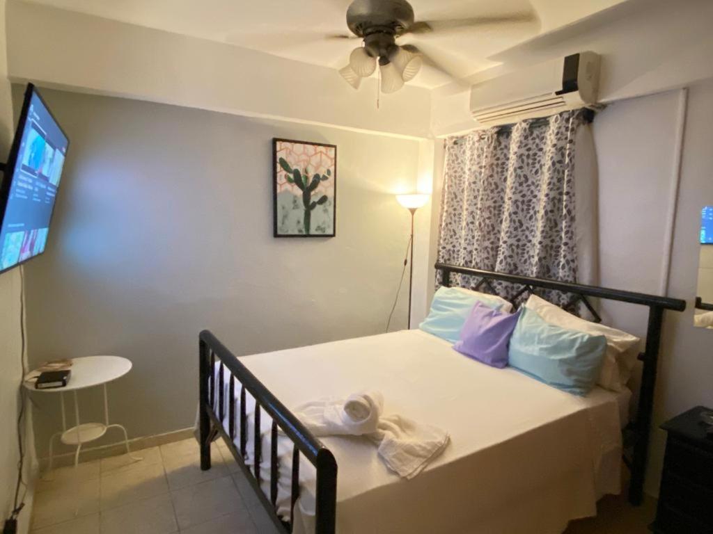 1 dormitorio con 1 cama, ventilador de techo y TV en Apartamentos Colonial Sanchez 264, en Santo Domingo