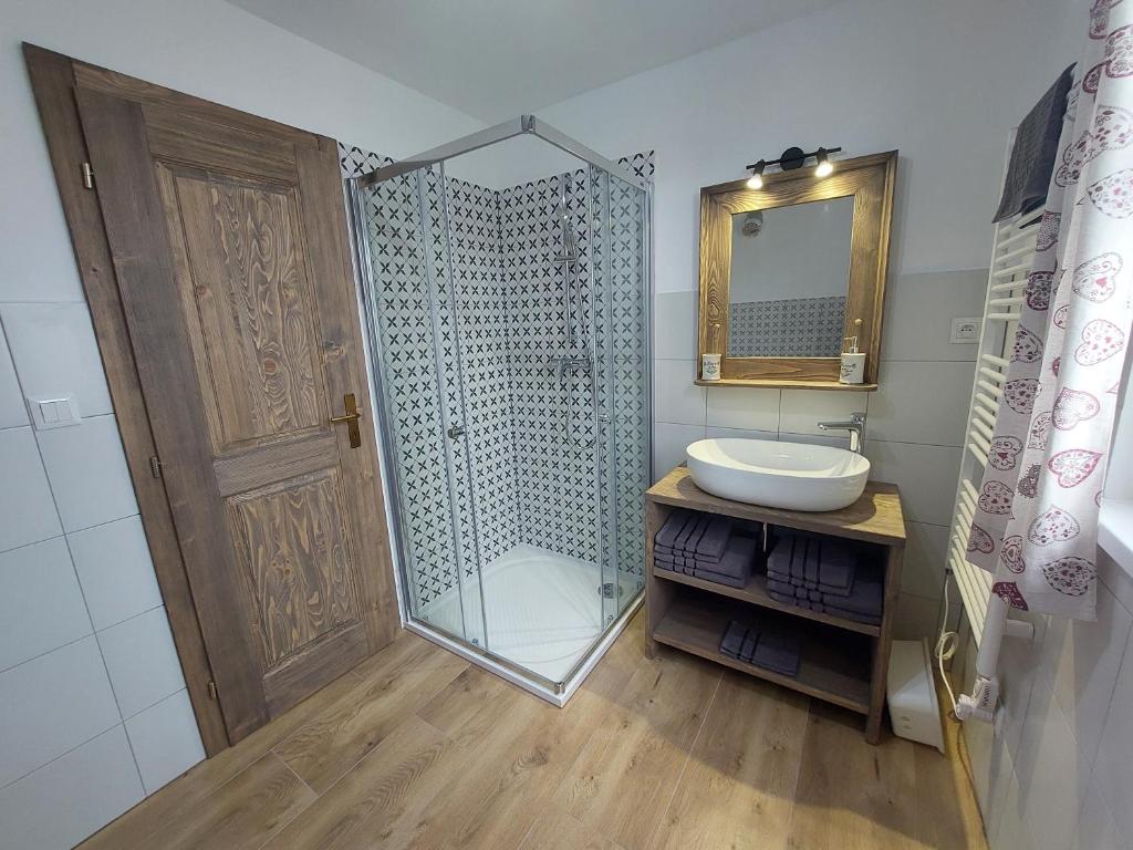 a bathroom with a shower and a sink and a mirror at Apartmány Ema a Ela in Tatranska Strba