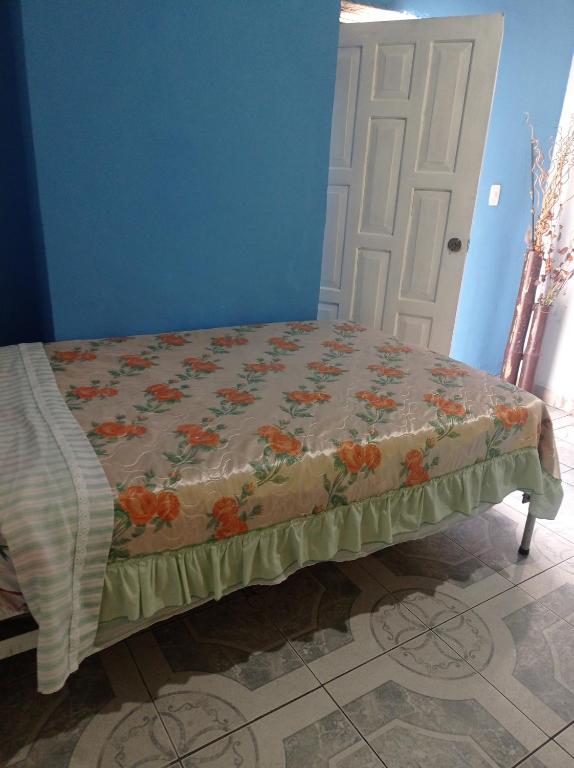 a bed in a blue room with a blanket on it at Hotel Tanta Wasi-Panecillo in Quito