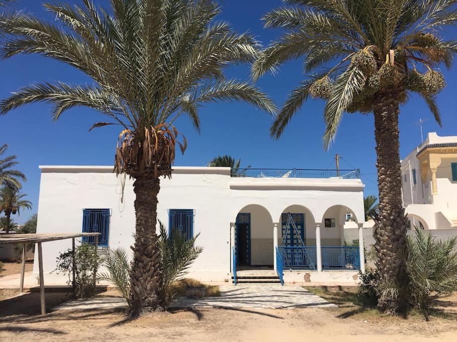 two palm trees in front of a white building at Une maison djerbienne in Houmt Souk