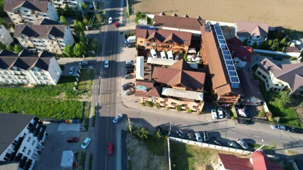 an overhead view of a city street with buildings at Complex Turistic Max International in Râşnov