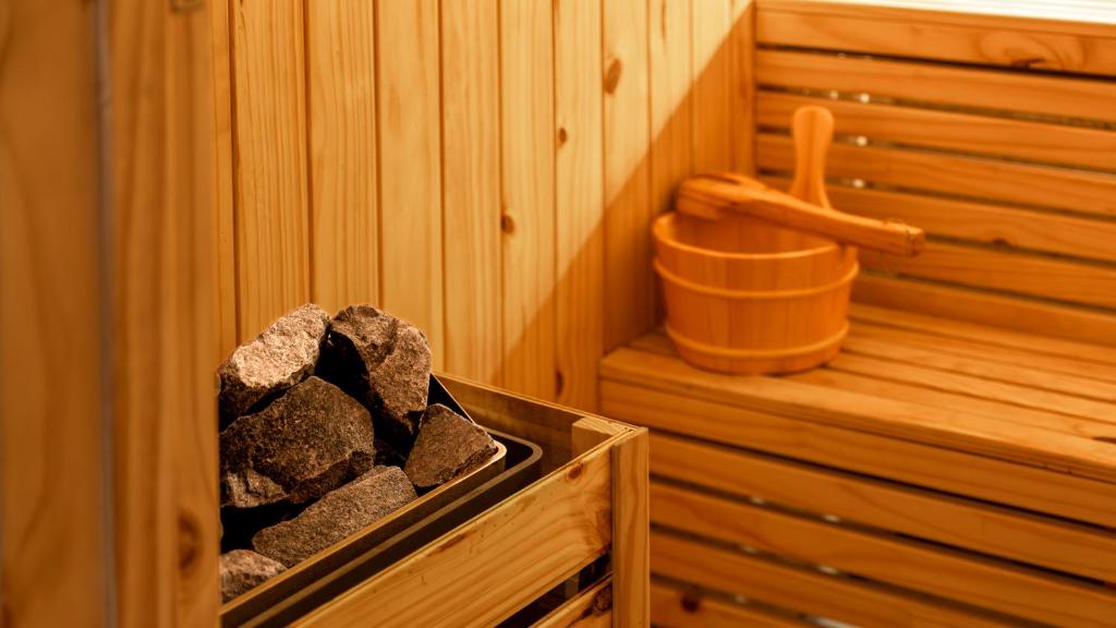 A compact wood-lined sauna with a rock heater and wooden bucket.