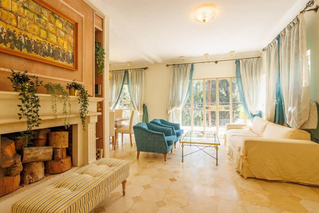 ein Wohnzimmer mit einem Sofa und einem Kamin in der Unterkunft Hovevey Tsiyon Luxury Apartment By Nimizz in Jerusalem