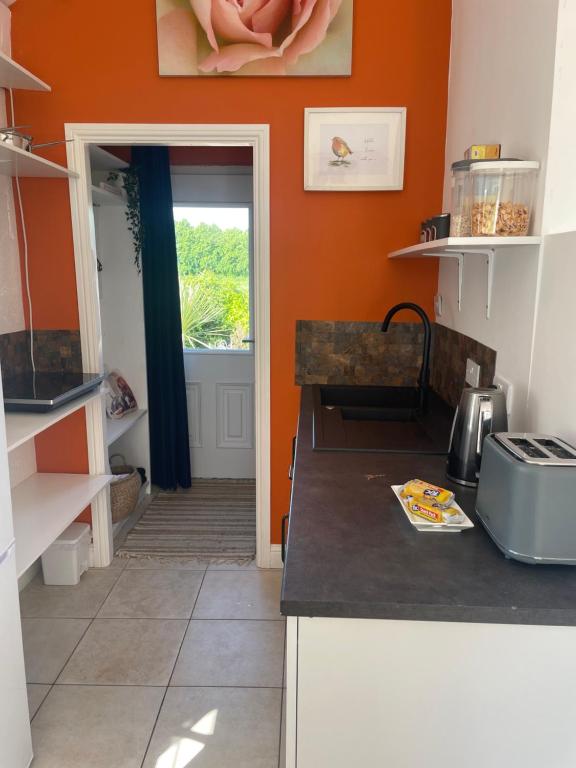 une cuisine avec un mur orange et un comptoir dans l'établissement Idyllic getaway in countryside, à Clonmel