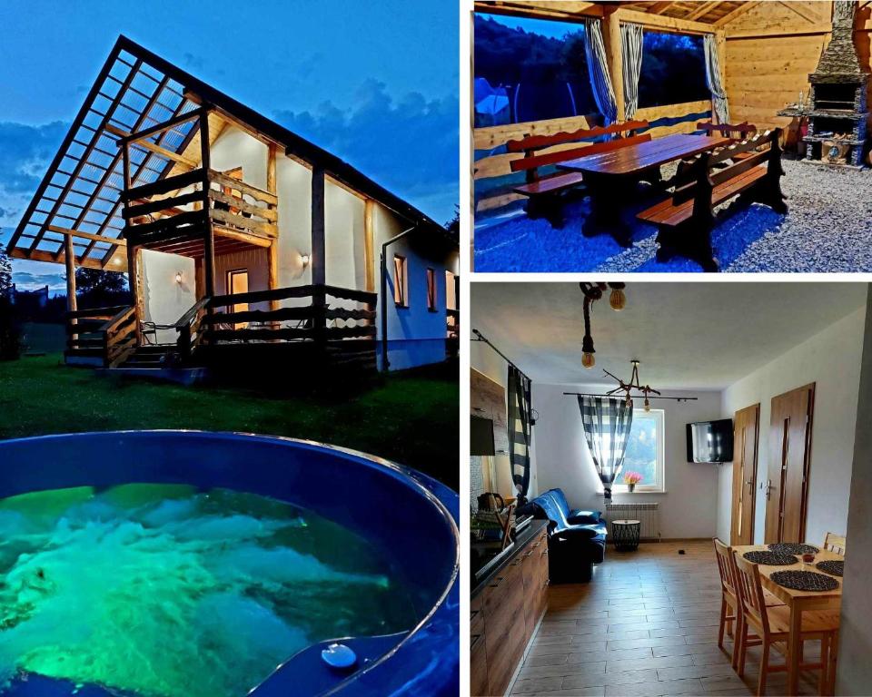 a collage of pictures of a house with a swimming pool at Do Słońca in Ropienka