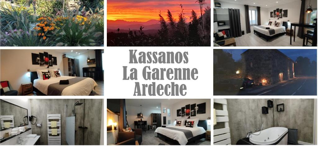 a collage of photos of a hotel room with a sunset at KASSANOS "La Garenne" in Privas