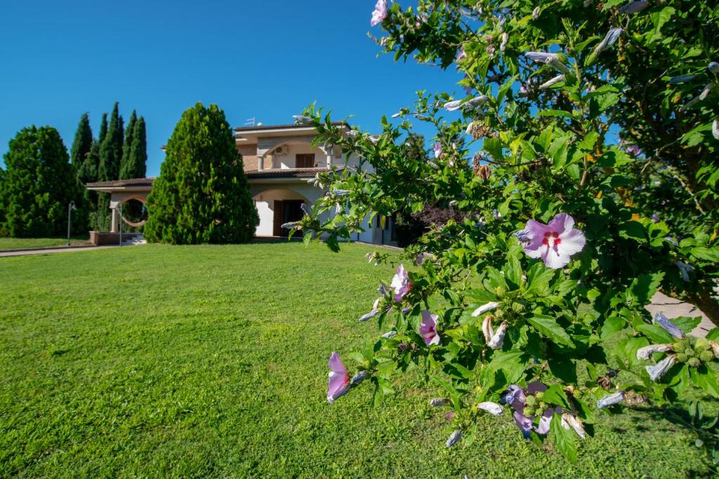 una casa con un patio verde con flores rosas en La Villa dei Tartufi - B&B en Corfinio