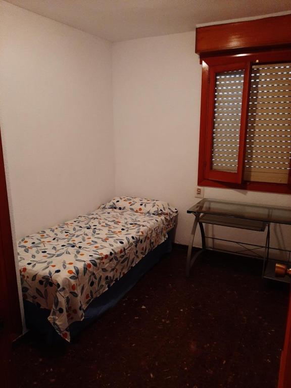 ein Schlafzimmer mit einem Bett in einem Zimmer mit einem Fenster in der Unterkunft Piso en Paseo Germanias in Gandía