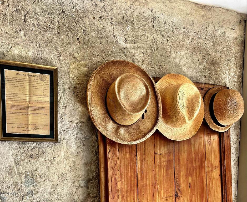 two hats hanging on a wall next to a picture at Maison Marie in Lagarde