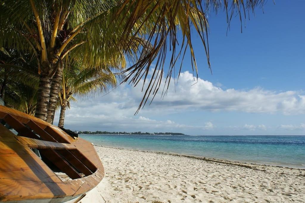 a wooden boat sitting on a beach with palm trees at Island Villa in Grand Gaube