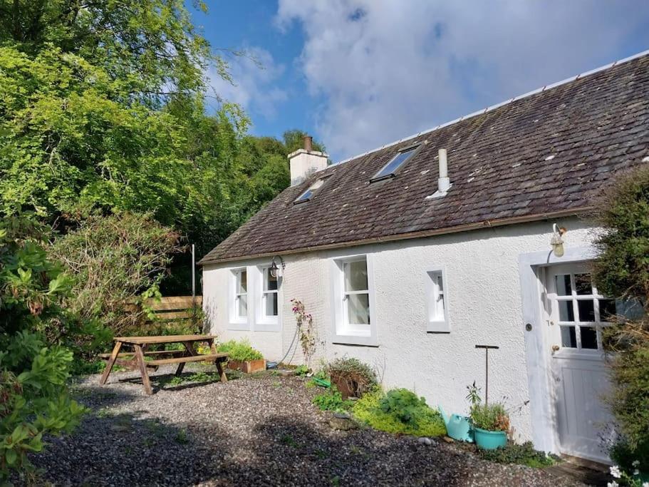 a white cottage with a picnic table and a bench at Idyllic cottage in peaceful rural location in Helensburgh