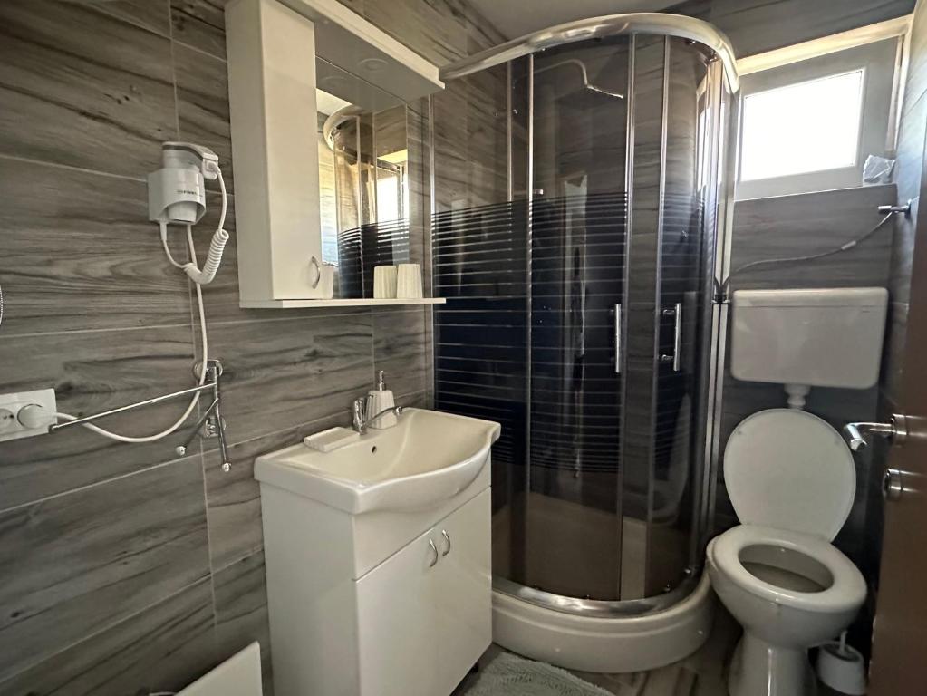 y baño con aseo, lavabo y ducha. en Vila Dzavric en Zlatibor