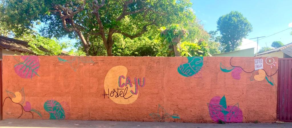 un mur avec graffiti sur son côté dans l'établissement Caju Hostel, à Alter do Chão