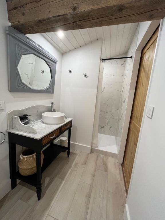 a bathroom with a sink and a shower at LE CLOS DE FLO 17 in Saint-Rogatien