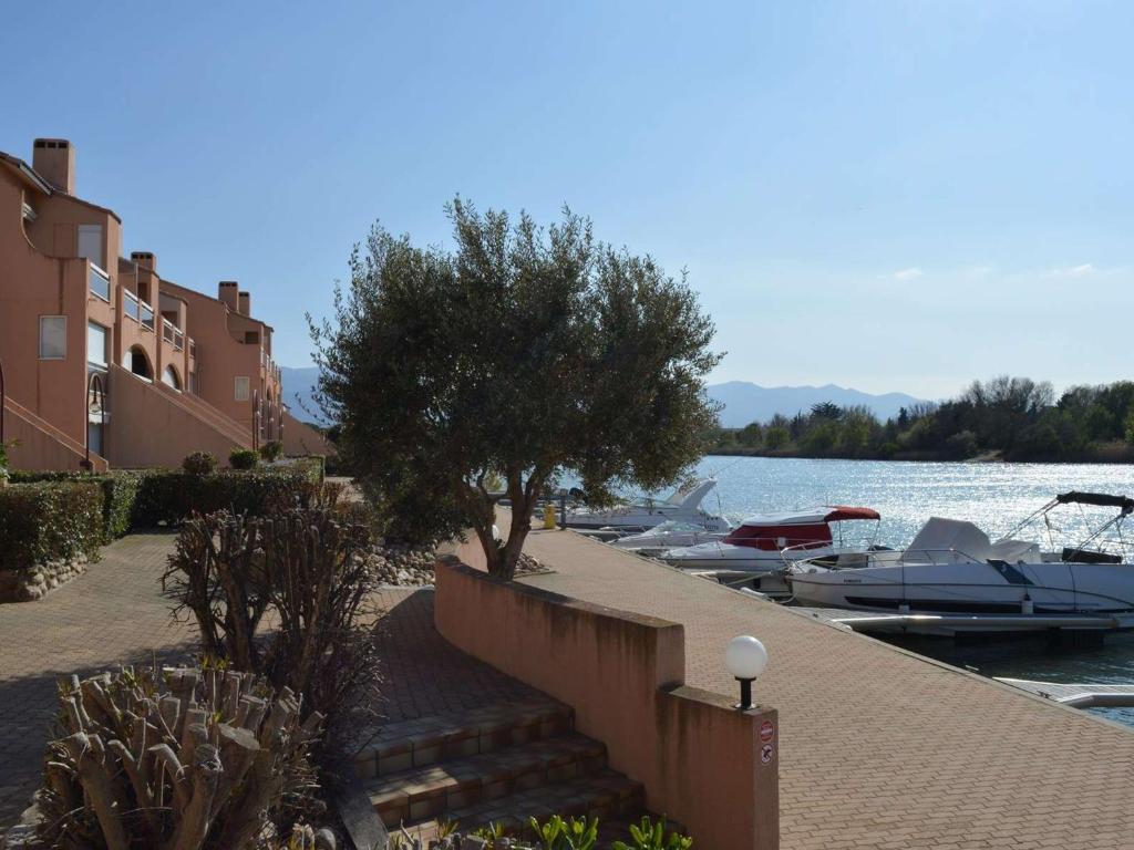 un groupe de bateaux est amarré sur l'eau dans l'établissement Appt charmant 2P avec terrasse, proche plage, parking, BBQ - Saint-Cyprien Plage - FR-1-225D-34, à Saint Cyprien Plage