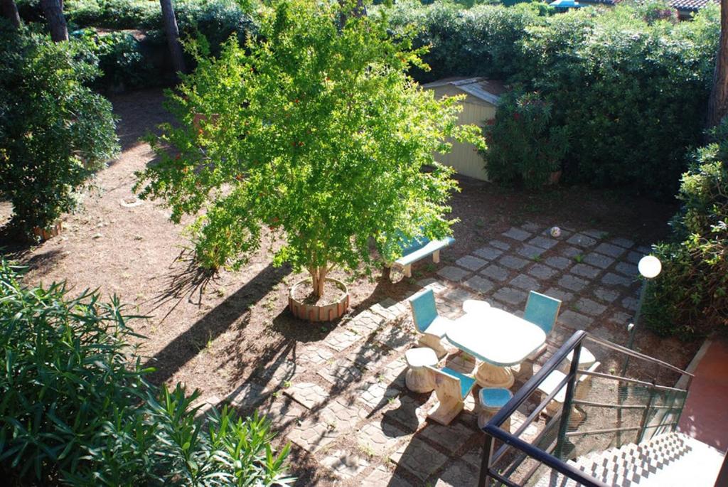 a patio with a table and chairs and a tree at Giannella Apartment in Orbetello