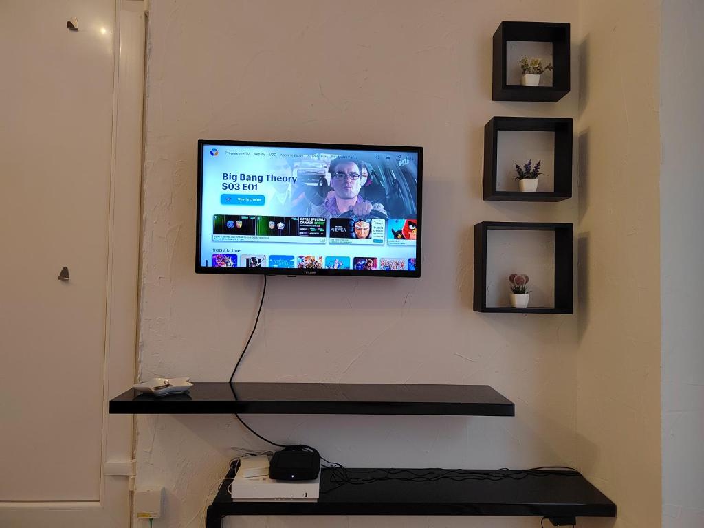TV de pantalla plana colgada en la pared en Studio plein centre, en Auch