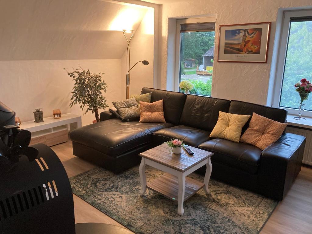 a living room with a leather couch and a coffee table at Hireu's Hus in Bötersen