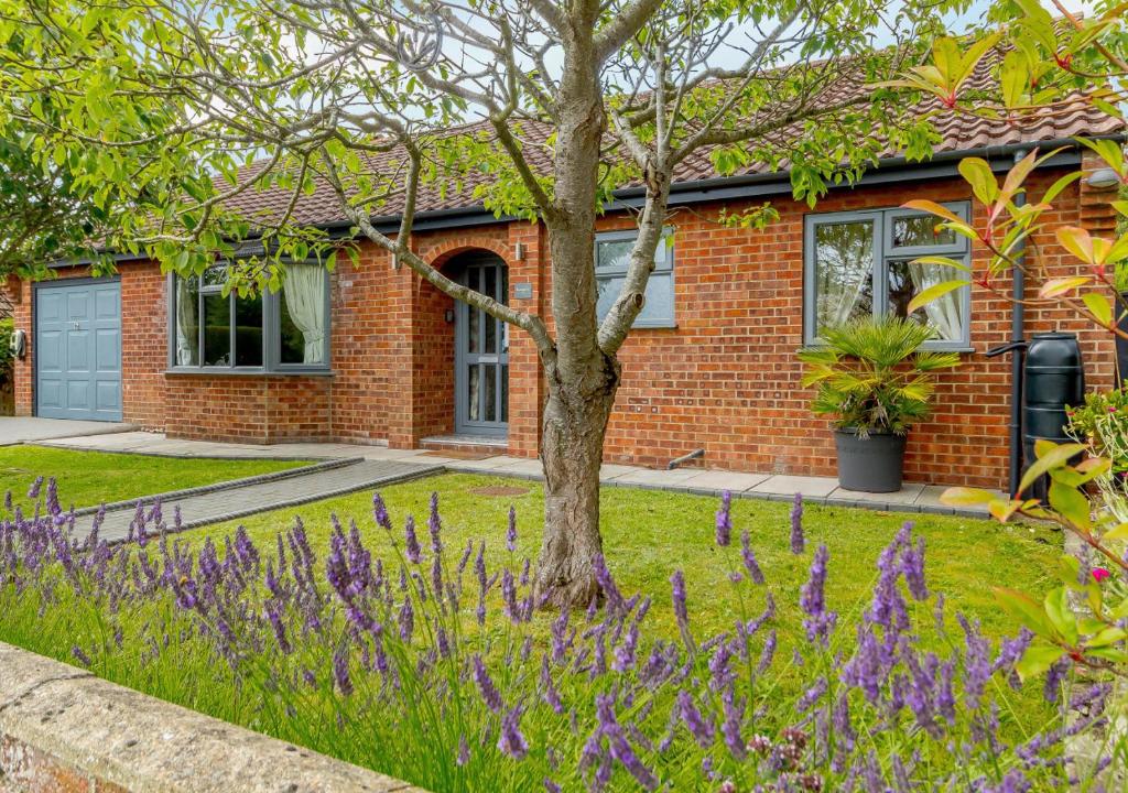 a brick house with purple flowers in front of it at Rushmere in Reydon