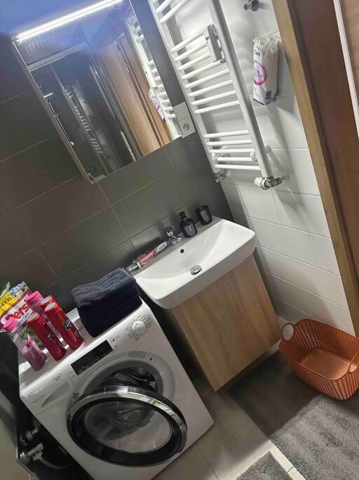 a small bathroom with a washing machine and a sink at Bratislava Centrum, Ahoj park apartments, 6floor with balcony in Koliba