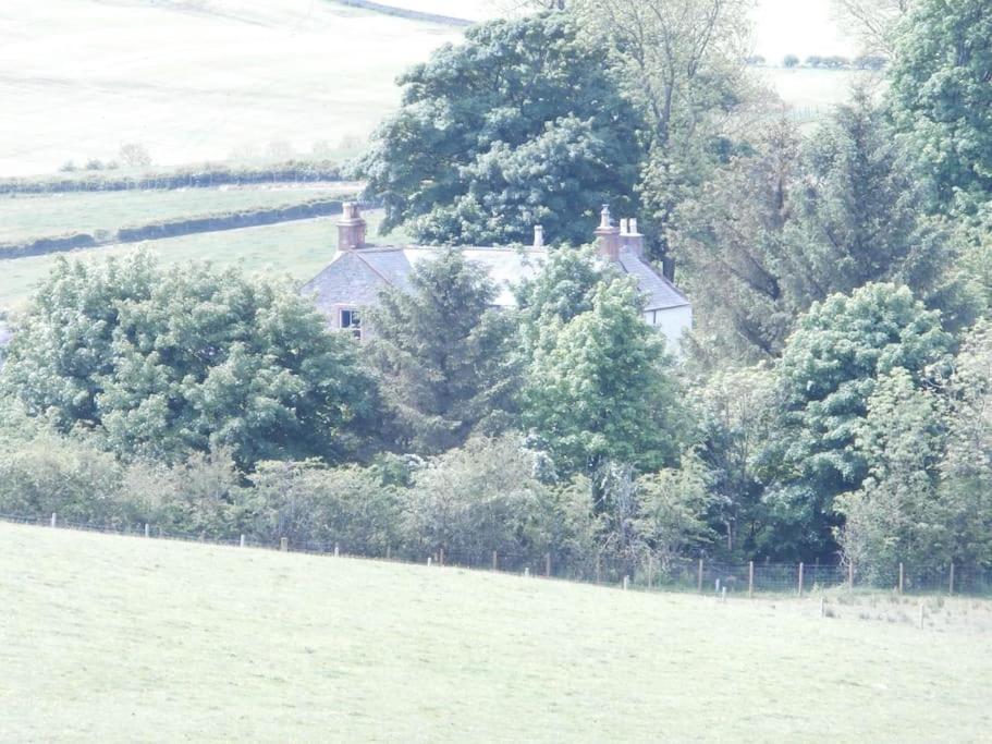 ein Haus inmitten eines Feldes mit Bäumen in der Unterkunft Threecrofts Farm in Dumfries