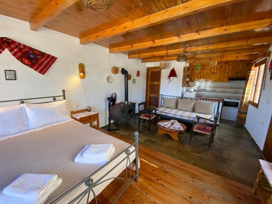 1 dormitorio con 1 cama y sala de estar en Villa Kamari- Stunning Views, en Kritsá