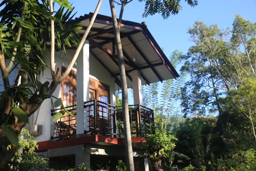 Rivinu Holiday Resort في إيلا: منزل مع شرفة على الاشجار