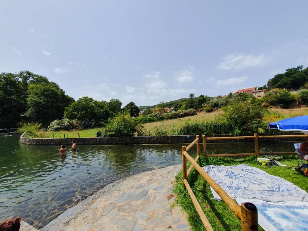 un par de personas nadando en un estanque en Casa Elbi en Figueiró dos Vinhos