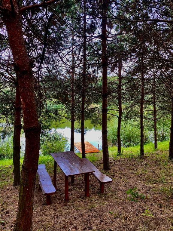 a picnic table and bench sitting next to a tree at Family Resort in Mostiska